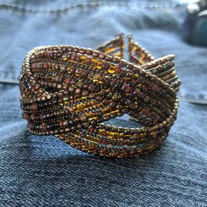 Boho Bronze Brown Seed Bead Cuff Bracelet.